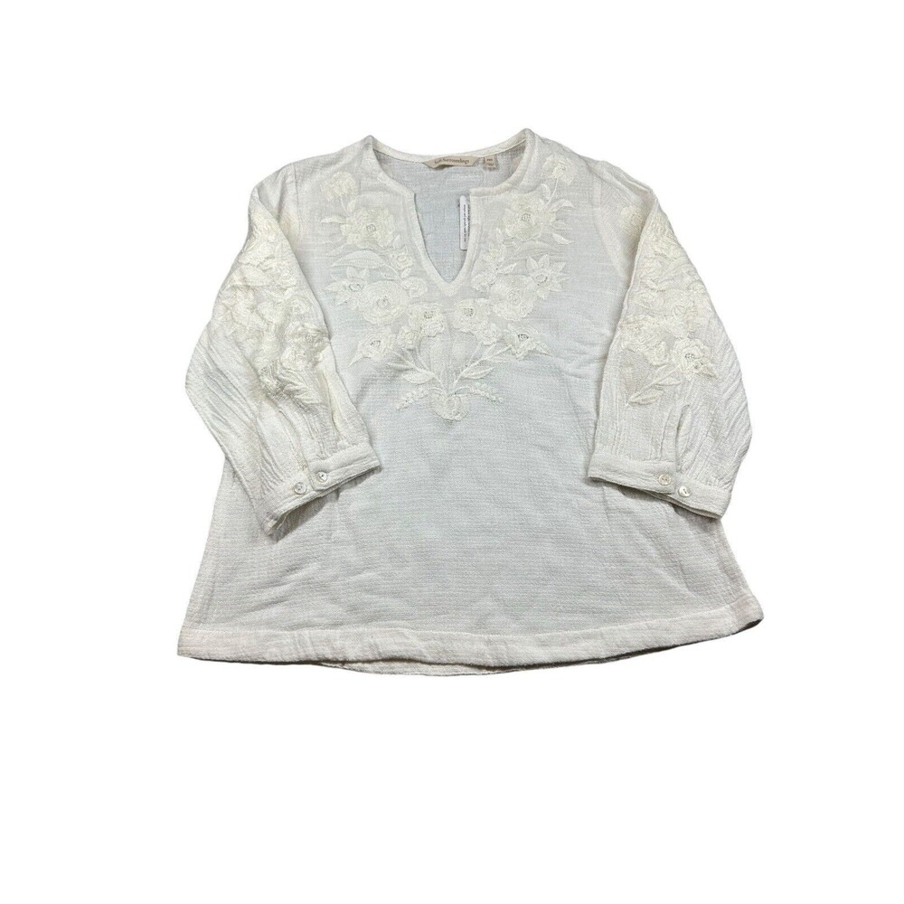 Soft Surroundings Blouse Tunic Ivory Cotton Floral‎ Embellished Embroidered NWOT